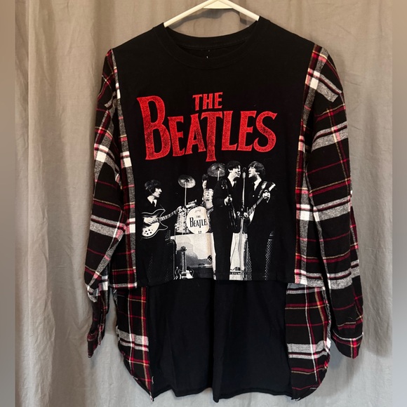 Handmade Tops - The Beatles Plaid Long Sleeve Shirt Upcycled Refashioned T-shirt & Flannel